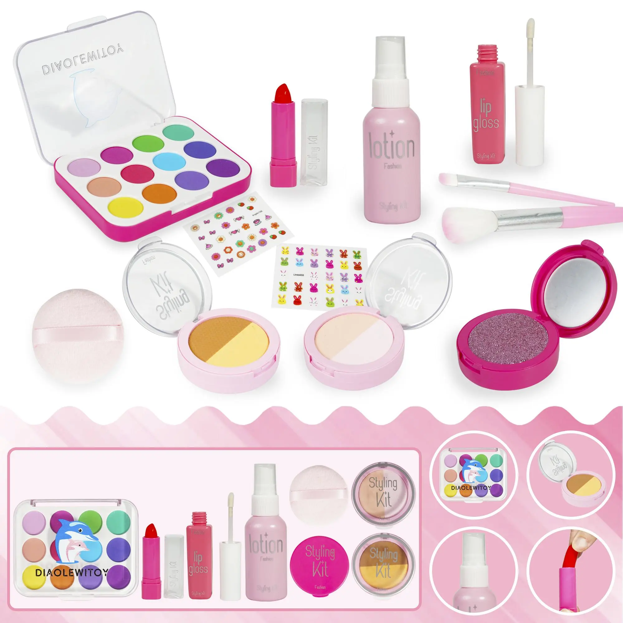 15PCS Pretend Makeup Toy Set for Girls 4-6 Years, Non-Toxic Cosmetic Kit with 12-Color Eyeshadow Palette, Fake Lipstick, Nail Polish & Brushes, No Real Color Kids Makeup Play Playset