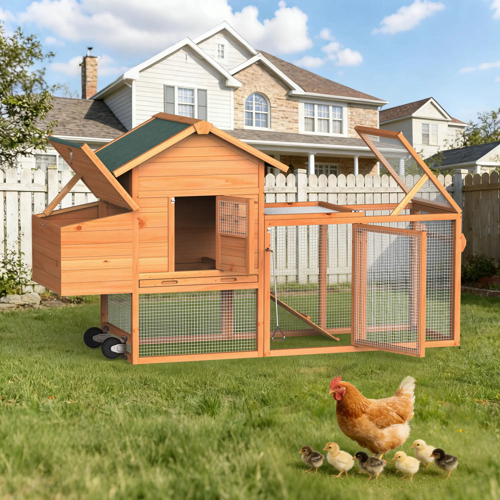 Chicken Coop, 80” Mobile Poultry Cage w/Wheels & Handrail, Waterproof Wooden Hen House w/Removable Tray & Nesting Box, Pet Hutch Run Cage for Small Animals Farm Backyard