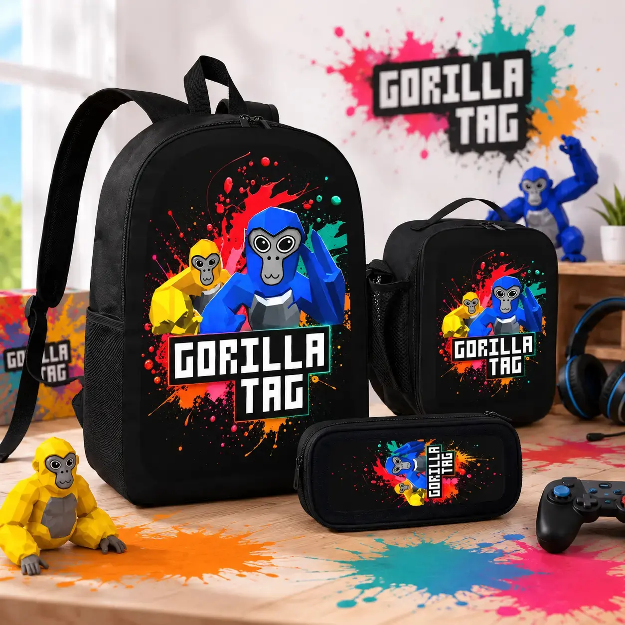 Gorilla Tag 3PCS Backpack Set with Lunch Bag & Pencil Case, Lightweight Travel Daypack, Game Style Carry Bundle, Reinforced Stitch Detail, Comfort Shoulder Strap