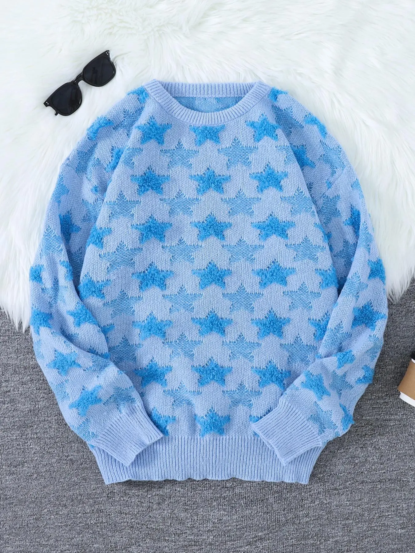 Men's Star Pattern Drop Shoulder Crewneck Sweater, Regular Fit Casual Long Sleeve Round Neck Jumper for Fall & Winter, Fashion Men's Knitwear for Daily Wear