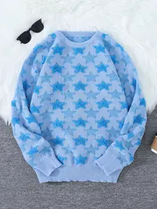 Men's Star Pattern Drop Shoulder Crewneck Sweater, Regular Fit Casual Long Sleeve Round Neck Jumper for Fall & Winter, Fashion Men's Knitwear for Daily Wear