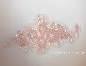 Pale Pink Embroidered Beaded Floral Applique with beads