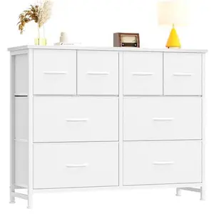8-Drawer Fabric Storage Cabinet with Wooden Tabletop and Metal Frame, Multi-Functional Media Console & Storage Rack for Cloakroom, Bedroom, Living Room and Entryway, Spacious Compartments for Clothing, Blankets and Media Devices