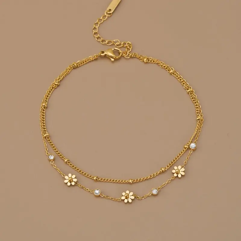 Fashion Rhinestone Daisy Ankle Chain for Women, Anklet, Stainless Steel Double Layer, Casual Daily Wear, Floral Pattern, All Seasons