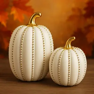 Set of 2 Decorative Pumpkins - Elegant Beaded  Fall Decorations, Thanksgiving Table Centerpiece, Autumn  Decor, Glam Farmhouse Style (White)