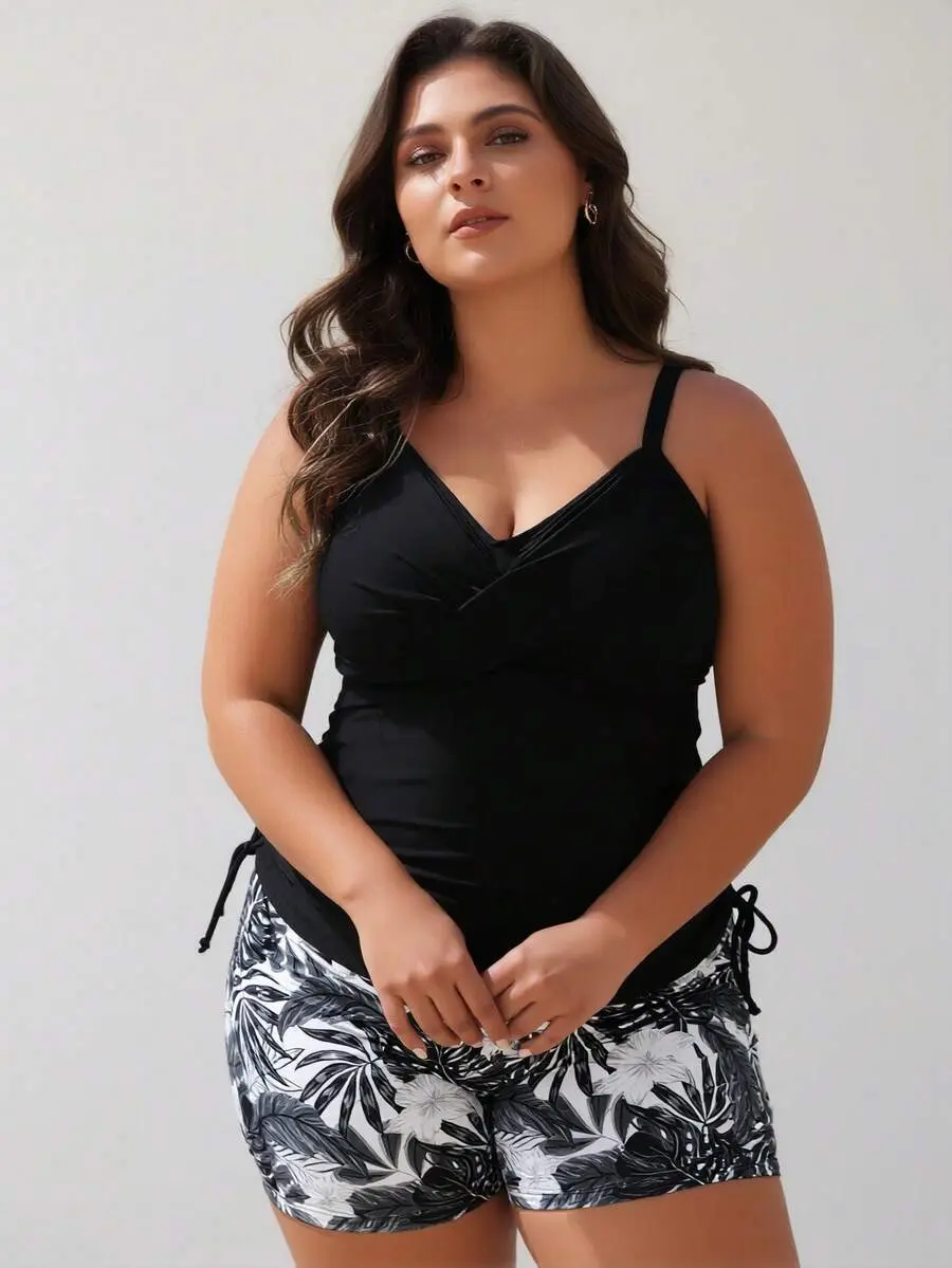 Women's Black Ruched Tankini Set - Tropical Leaf Print, High Waist Shorts Length, Adjustable Side Tie Swimwear, Adjustable Tie