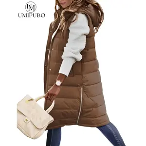Womens Winter Hooded Sleeveless Zip Up Long Puffer Vest Warm Thick Quilted Coats with Pockets