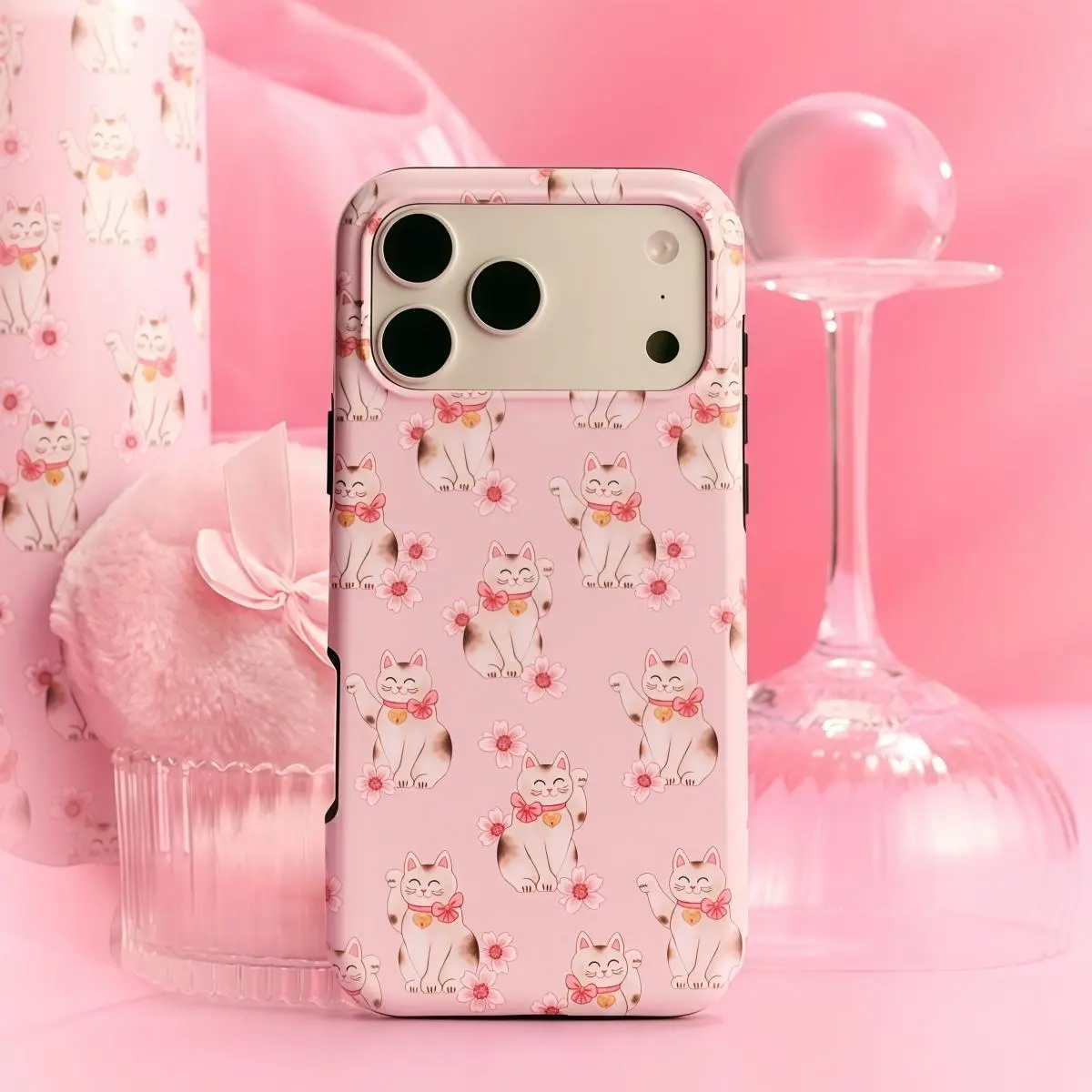 DarlingCase Cute Pink Maneki Neko Cat Smartphone Case - Glossy Double-Layer Durable Silicone Shockproof Protection Cover for iPhone 17 Pro Max,16 Pro,15,14,13,12 with USB Rechargeable Capacitive Stylus Pen Tech Accessory Gift for Girls