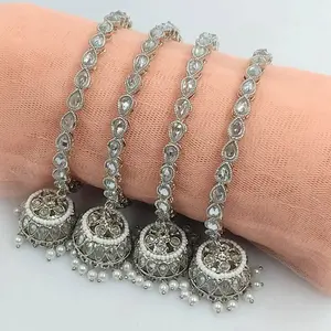 Bollywood Style Polki Kundan Silver Finish Pearl Jhumka Bangles Set for Bridal & Wedding Handmade Punjabi Bangles 2 pcs or 4 pcs