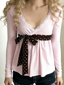 Women's Polka Dot Bow Tie Lace Splicing Deep V Neck Sweet Style Fitted Top, Spring & Fall Fashion Casual Blouse Long Sleeve Shirts