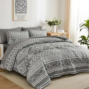 Boho Aztec Comforter Set King Size, Grey Comforter Bedding Set, 7 Piece Bed in a Bag, Soft Microfiber Bohemian Striped Complete Bedding Set with Sheets for All Season