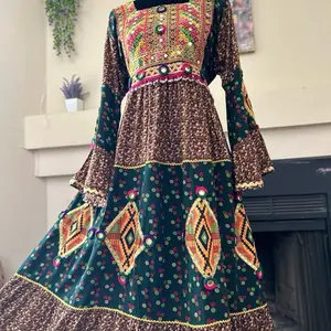 Women’s cotton Afghan Green Traditional Dress with Mirror Work, Colorful Embroidery and intricate details, | Cultural Wear