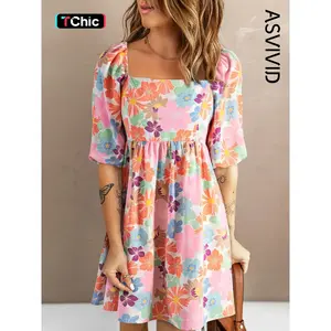 Women's Floral Print Puff Sleeve Smock Dress, Loose Boho Romantic Short Sleeve Square Neck A Line Dress for Vacation Wedding Guest, Ladies Summer ClothesRAIMENTRY