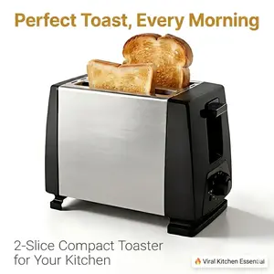 2 Slice Stainless Steel Toaster with Adjustable Browning Control - Perfect Crispy Toast Every Time, Compact Black & Silver Kitchen Gadget for Breakfast Lovers