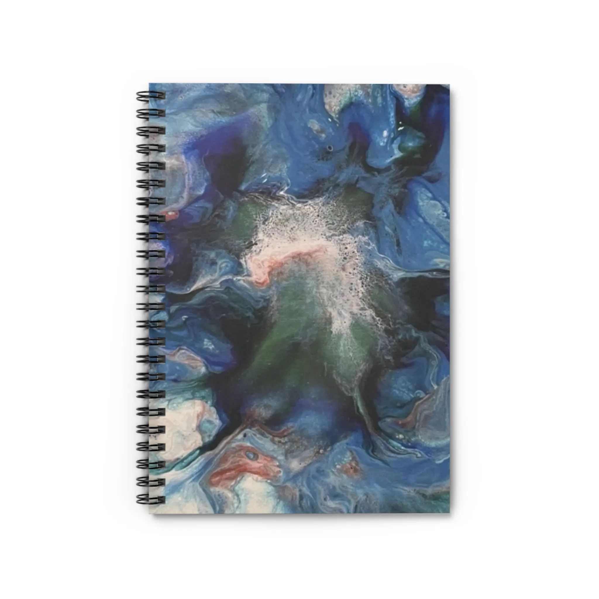 Blue Marble Aesthetic Spiral Coil Notebook, Artist-Designed by Audrey Balmer, Original Acrylic Pour Art Cover, Lined Note Taking Journal for Office Stationery Needs, Aesthetic Notebook