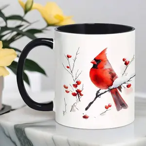 Cardinal Bird Pattern Coffee Mug, Watercolor Artwork Of A Northern Cardinal on A Snowy Branch Reusable Mug, Perfect Gift for Coffee Lovers, Tumbler, Stylish Drinkware