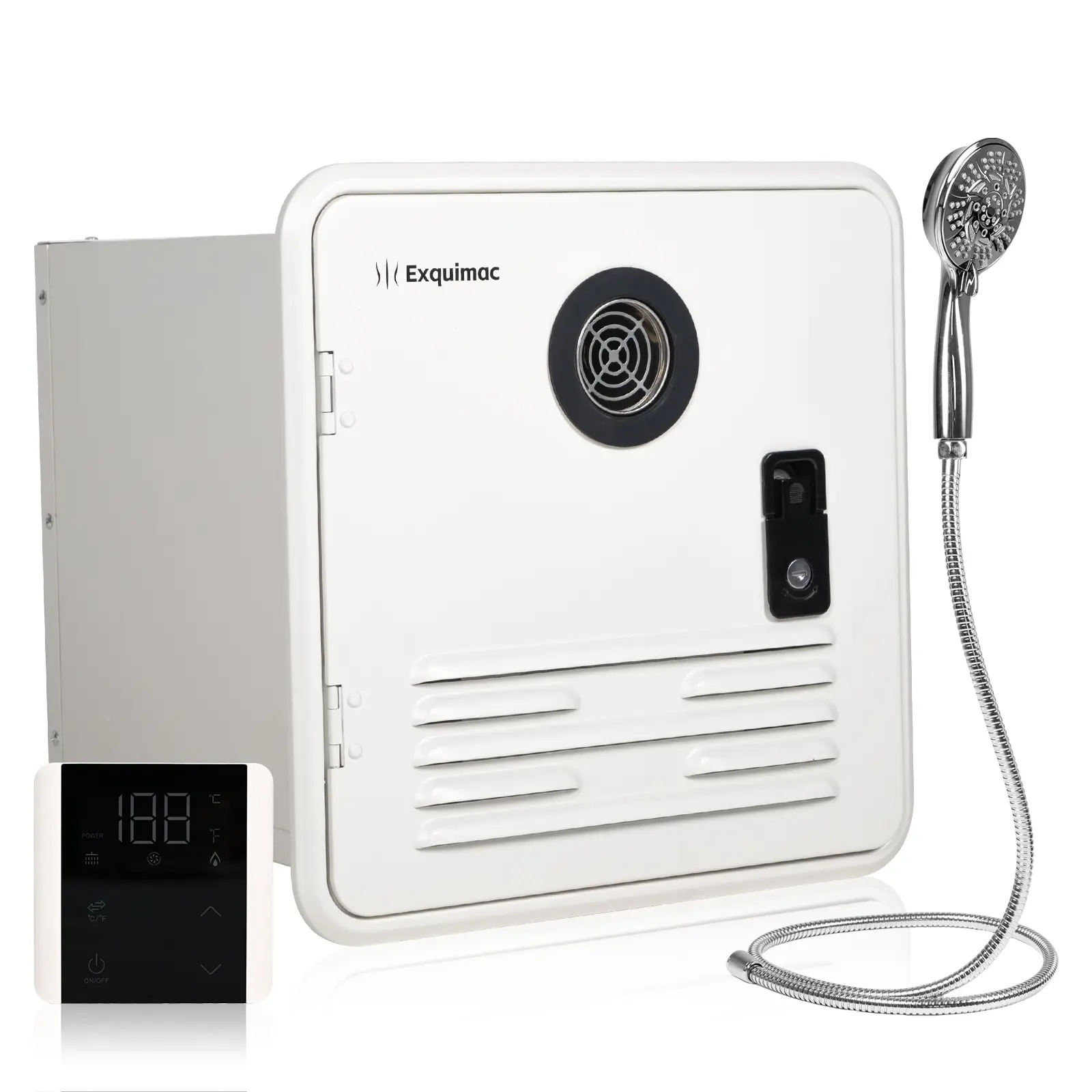 Exquimac RV Tankless Water Heater, 65,000 BTU Propane, 3.9 GPM, 15x15 Door | 12V propane heater with shower head, remote controller, high-altitude use, freeze protection, and 15 x 15 in door.