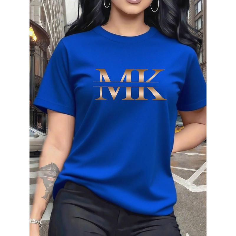 100% Cotton Women's Green Short Sleeve T-Shirt Chic Gold MK Graphic Tee Stylish And Elegant Top For Casual Daily Wear Outings And Fashion - Forward Style Statements Fabric Womenswear Fit