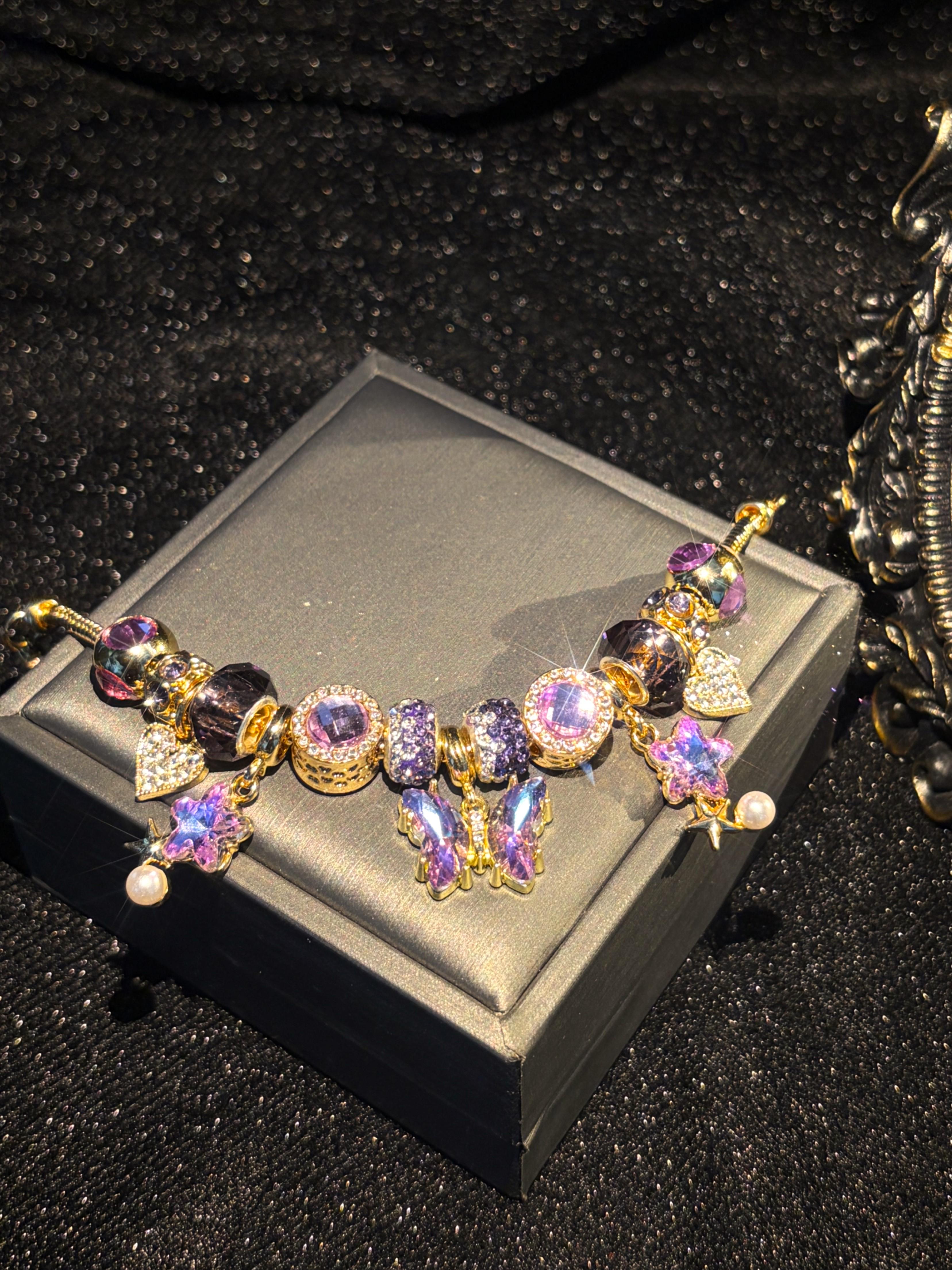Womens Sparkly Purple Butterfly Charm Bracelet, Pearl Dangle Rhinestone Beaded Jewelry for Girls