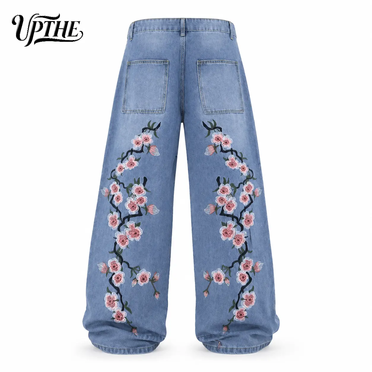 UP.THE Bluel baggy wide leg jeans featuring plum blossom embroidery and Y2K style—suitable for the office, casual outings, or shopping.