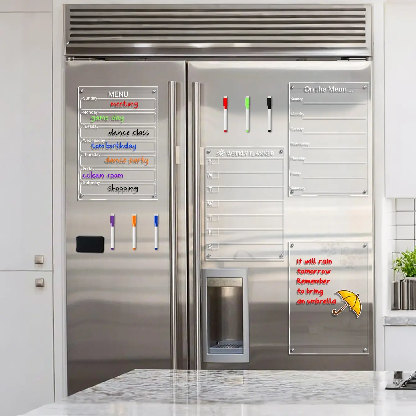 Magnetic Refrigerator Planner Set, Transparent Acrylic Erasable Menu, Meal Planner for Fridge, Weekly Plan, Memo Board, Includes Multi-Color Pens, Weekly Calendar for Fridge