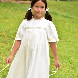 Girl Dress, White Heirloom Dress, Lace Crew Collar, Puff Sleeve, Cotton Kids Casual Clothing