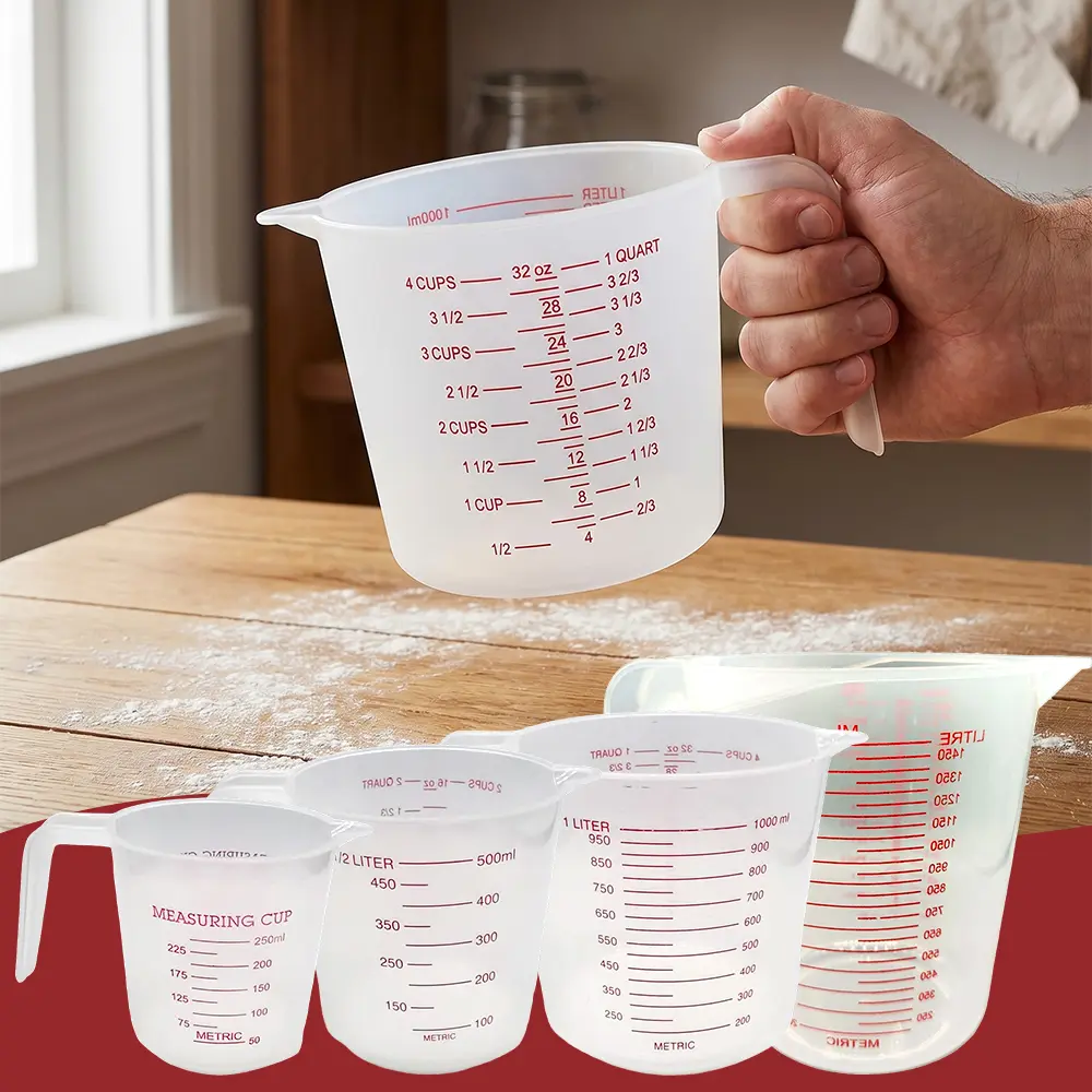 4pcs Transparent Plastic Measuring Cup Set - Red, 250ml/500ml/1000ml/1500ml Graduated Cylinders with Handle & Spout, Essential for Kitchen, Baking