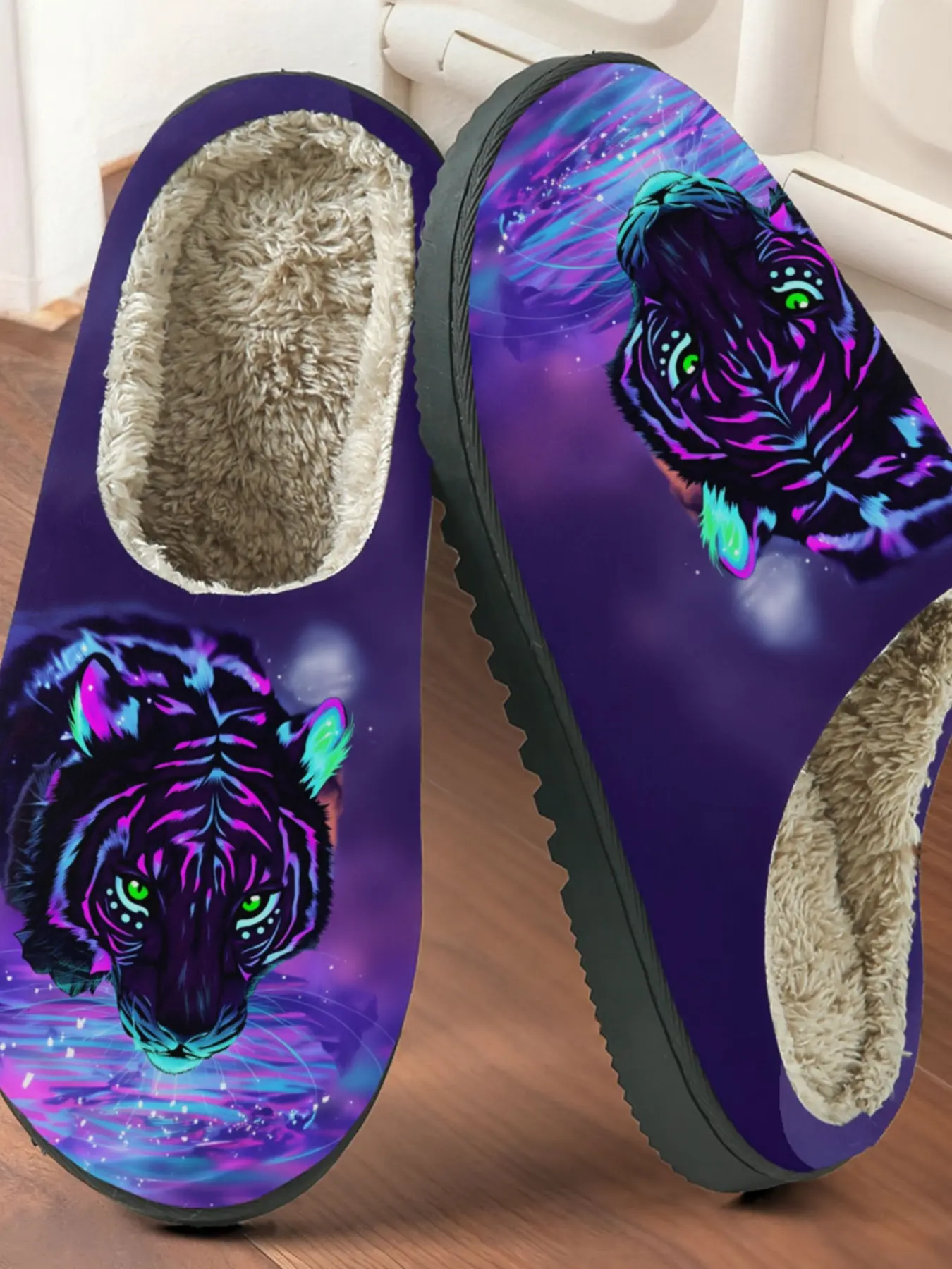 Neon Tiger Cyberpunk Cotton Slippers, Plush Lined Anti-Slip Thick Sole, Home Cyberpunk Enthusiast Fall Winter Warm Slippers