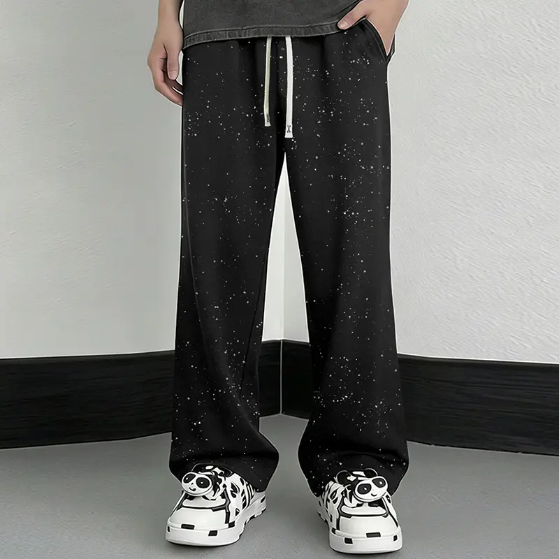 Men's Spring/Autumn Wide-Leg Sweatpants - 1 Piece Menswear Stylish Clothes, Star Splatter & Dot Print, Drawstring Waist, Loose Fit Floor-Length Casual Pants for Everyday Wear & Commuting, Long Pants
