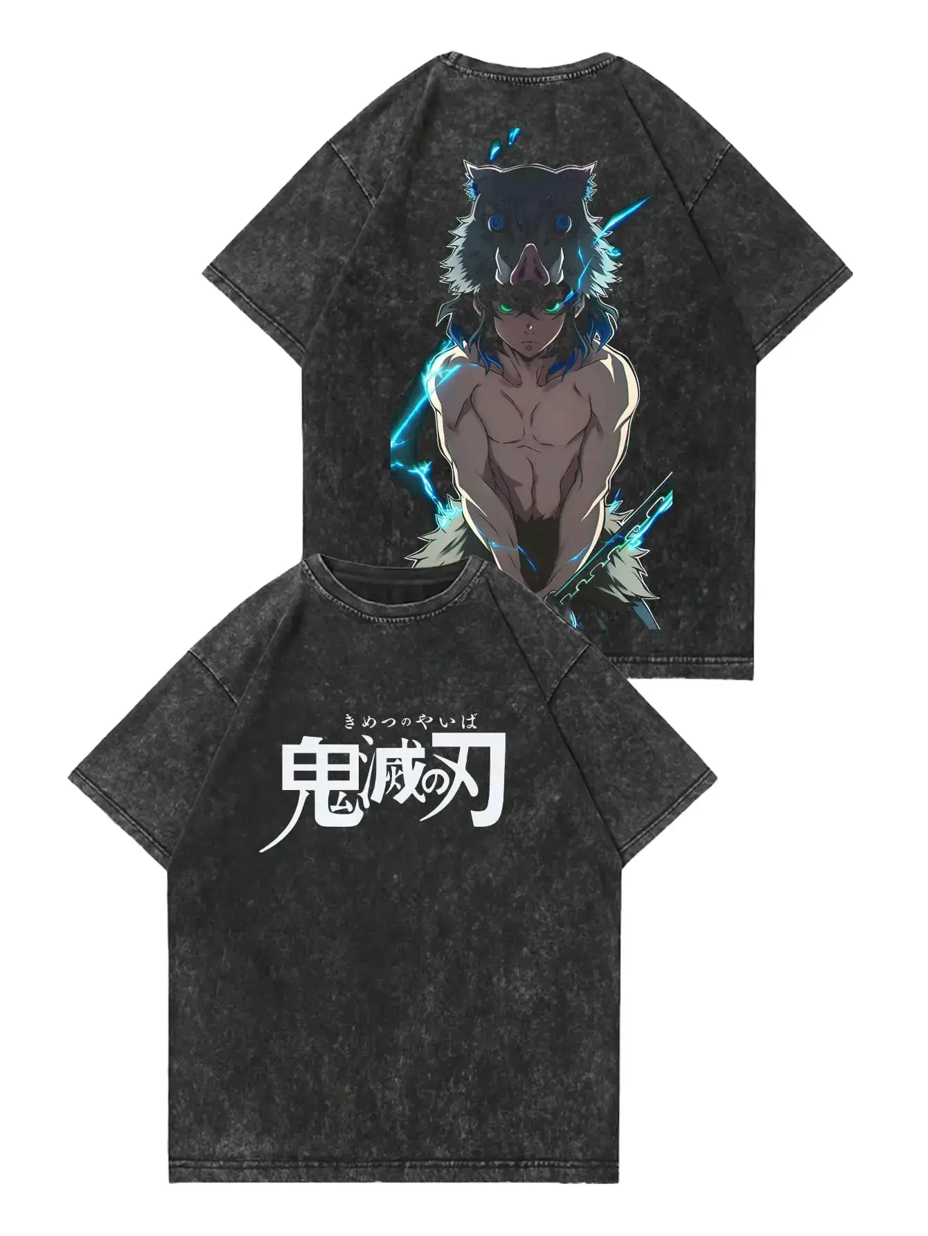 Valentine Shirts Men's Distressed Reversible T-Shirt - Demon Slayer Inosuke Lightning Trendy Print, ZORA LAB Unisex Couple T-shirts Vintage Washed Craft, Niche Streetwear Top