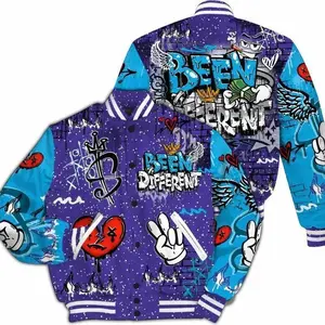 Retro Aqua Graffiti Varsity Jacket, Been Different Hip Hop Bomber Streetwear, Clean Drip Outfit Gift For Men Who Love Statement Fits