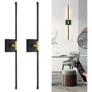 Battery Operated Wall Sconces Set of 2, 10000mAh Rechargeable Sconces, 3000K-6000K Dimmable LED Wall Lamp with Remote, 24 Inch Black Gold Wireless Wall Lights for Bedroom, Living Room