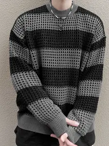 Unisex Striped Knit Sweater, Casual Colorblock Pullover, Round Neck Long Sleeve Top, Loose Fit Fall & Winter Fashion Knitwear, Knitted Tops