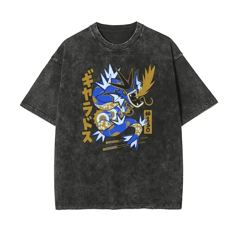 Oversized Vintage Wash Anime Graphic Tee | Unisex Cotton Streetwear | Retro Japanese Gyarados Shirt