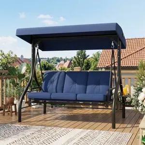 3-Seat Outdoor Porch Swing, Convertible Patio Swing Bed with Stand,  Adjustable Canopy, Thick Cushions & Cup Holders, Weather-Resistant for Backyard, Garden, Porch