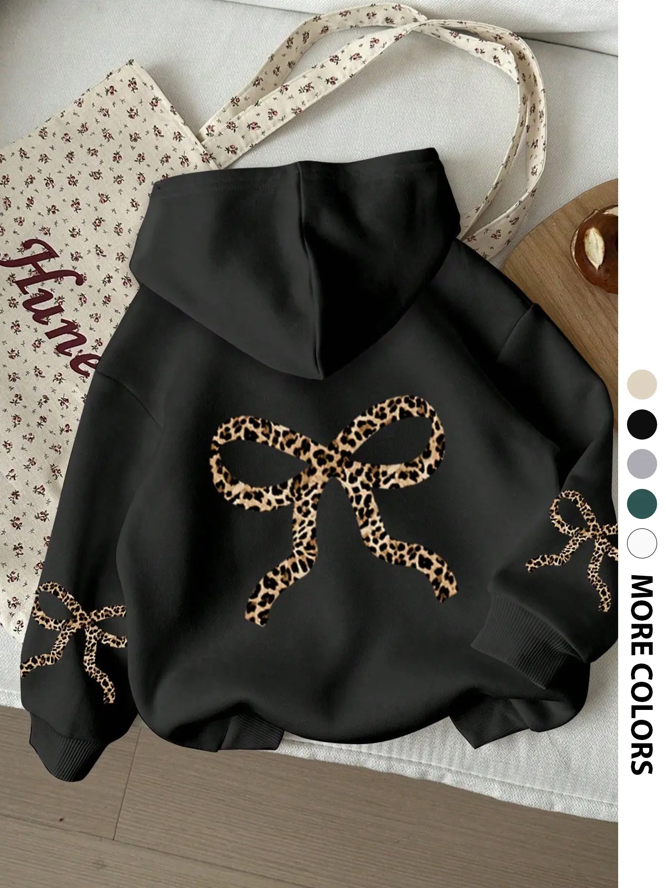 Women's Leopard Print Aesthetic Hoodie with Butterfly Knot Design, Casual Loose-Fit Fall & Winter Long Sleeve Sweatshirt, Fashionable Everyday Wear Top Womenswear Garment