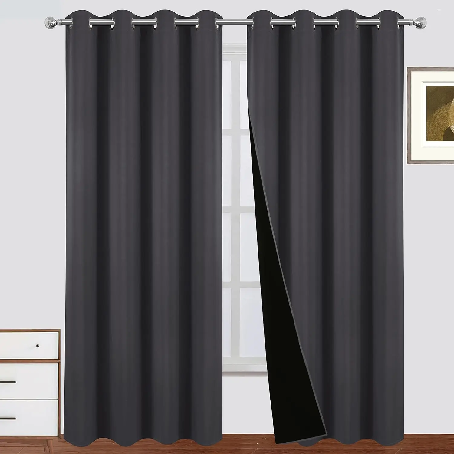 100% Blackout Curtains 52 x 84 Inch/Dark Grey Curtains Set of 2 Panels Thermal Room Darkening Bedroom Curtains