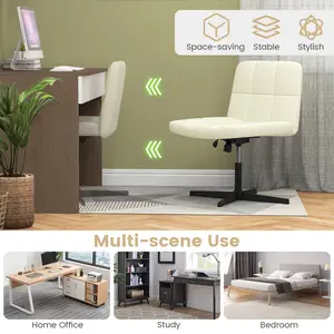 COSTWAY - PU Leather Upholstered Cross-legged Office Chair with Oversized U-shaped Seat for Home Office Make Up-Beige