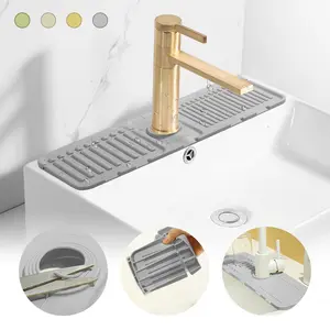 44.5x14.5cm Faucet Mat - Upgraded Silicone Splash Guard with Fast Drying, Food-Grade Material, Foldable Design - Protective Tray for Kitchen Sink, Bathroom (Gray)