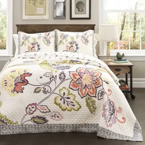 Lush Decor Aster Quilt 3 Piece Set with Floral and Leaf Patterns, Includes Pillowcases and Quilted Cover, Elegant Design for Home Decor