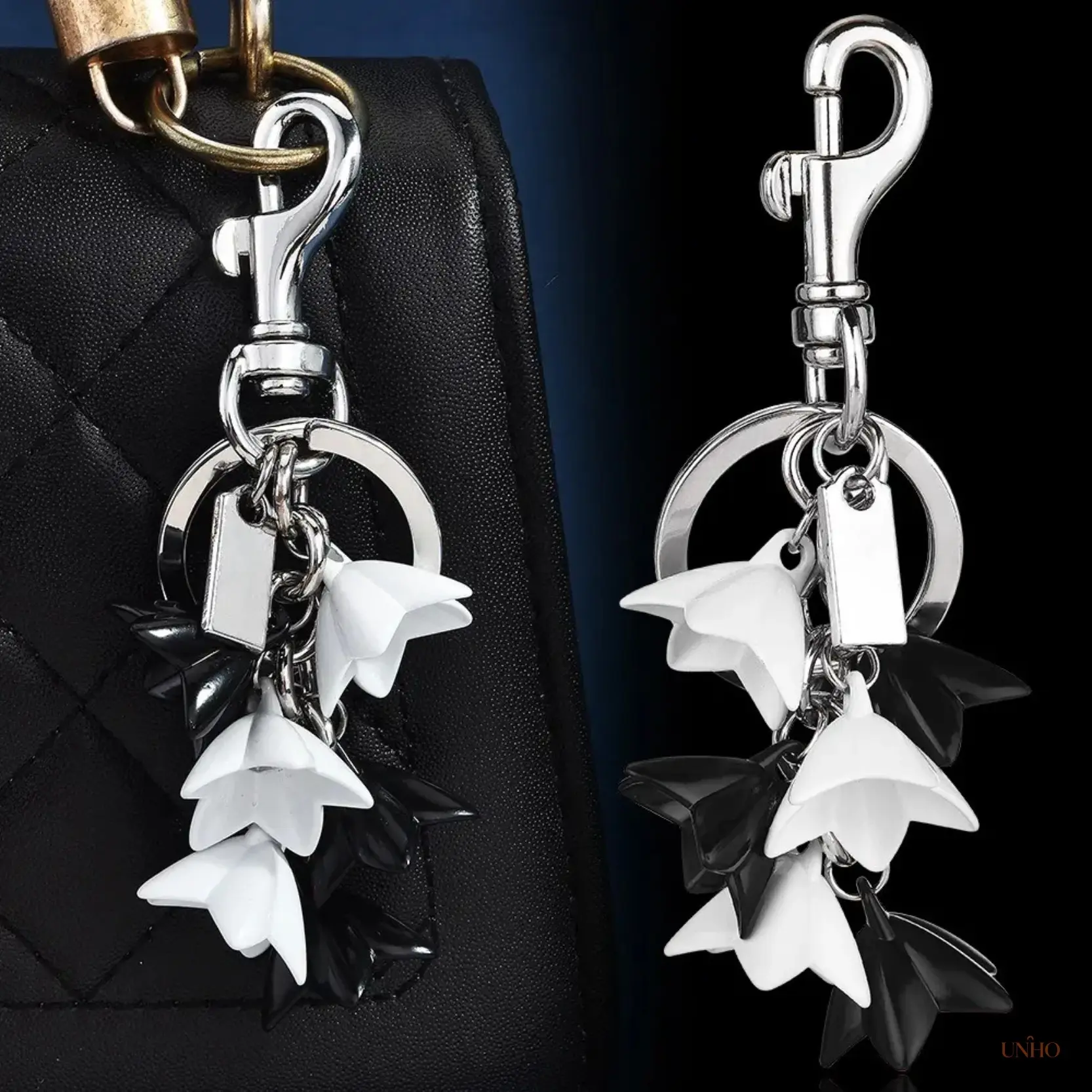 Black White Bellflower Tassel Key Ring Bag Charm, Matte Lily Of The Valley Cluster Pendant With Engravable Blank Metal Tag & Lobster Clip, Minimalist Elegant Accessory For Handbags Backpacks Car Keys & Custom Personalized Gift