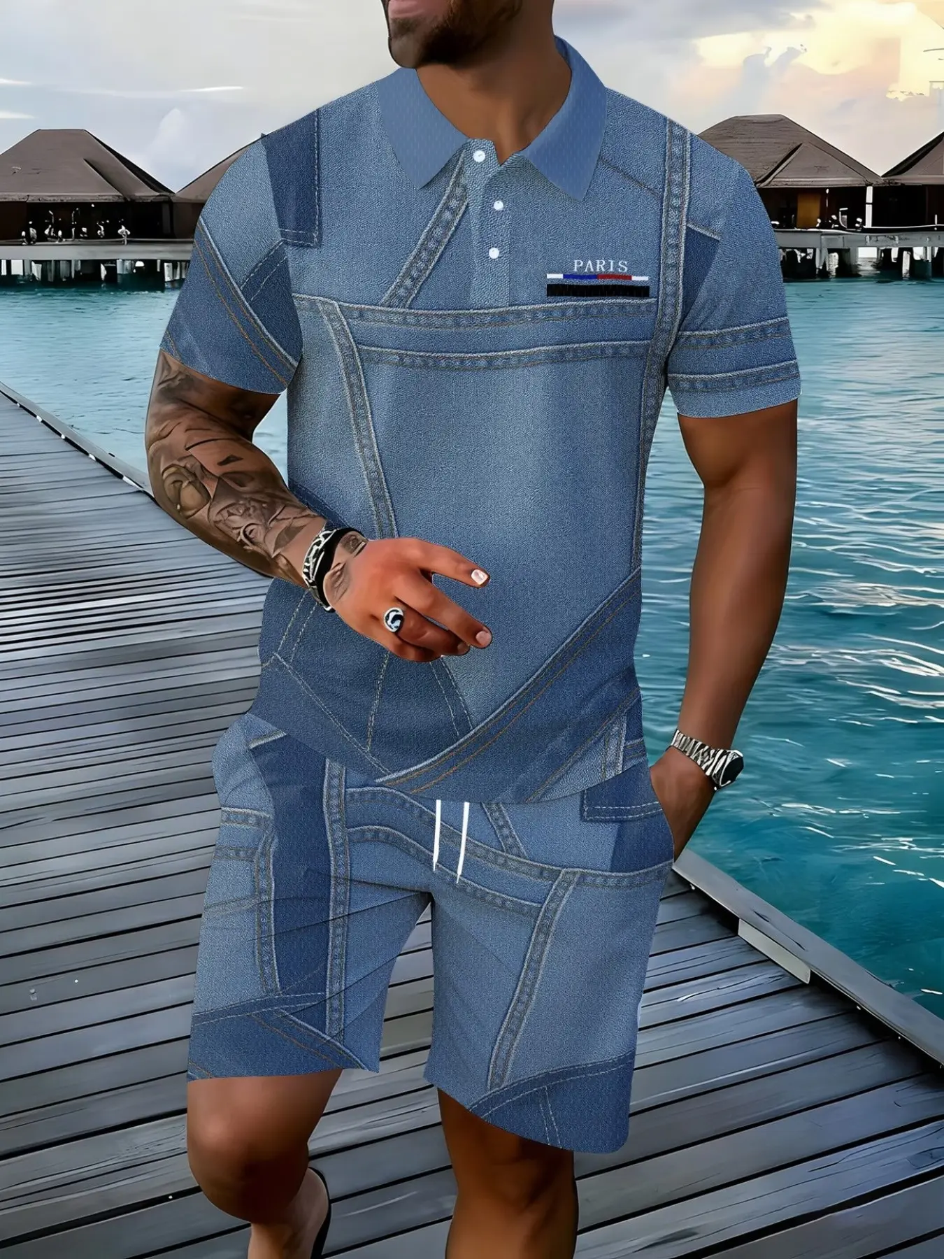 Men's Patchwork Denim Romper, Casual Workwear Style, Summer New Arrival, Short Sleeve Romper, Trendy Fashion, Above Knee Hem, Fitted Design