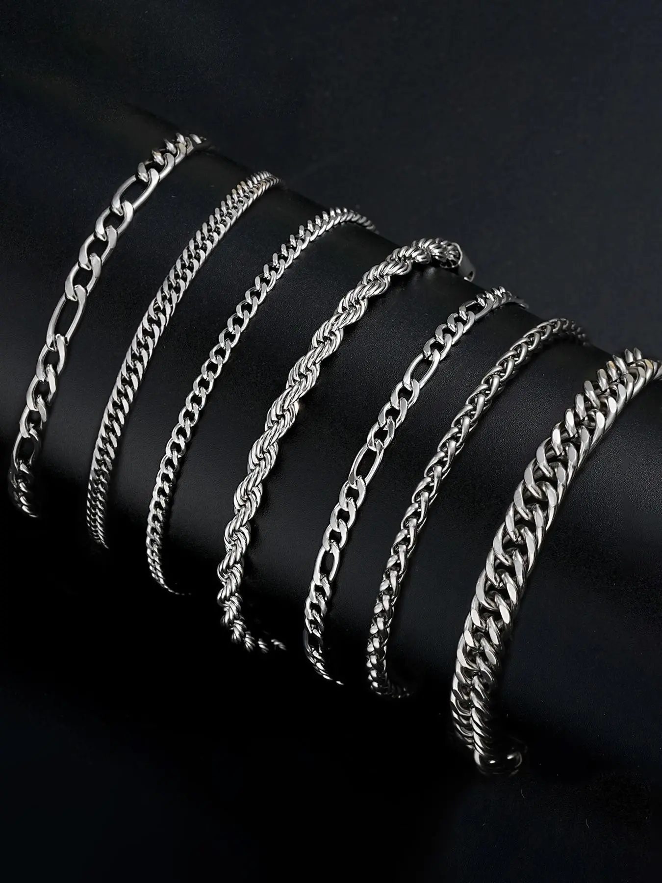 7-Piece Stainless Steel Men's Bracelet Set, Stackable Bracelets, Fashion Streetwear Hip-Hop Cuban Link Chain, Birthday Gift for Boyfriend & Son