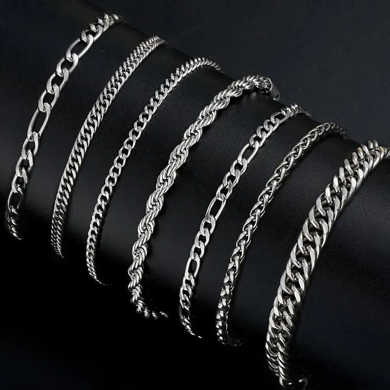 【Black Friday】Men's 7-Piece Stainless Steel Bracelet Set, Stackable Hip-Hop Streetwear Bracelets, Cuban-Link and Mixed-Chain Styles, Birthday Gift for Boyfriend or Son