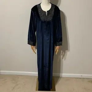 Velvet Navy Blue Embroidered Dress / Arab Traditional Abaya