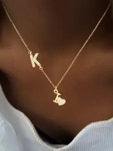 Women's Stainless Steel Chain Necklace, Initials Necklace, Fashion Casual Style, Pave Zirconia Initial Heart Design, All Seasons Jewelry Gift