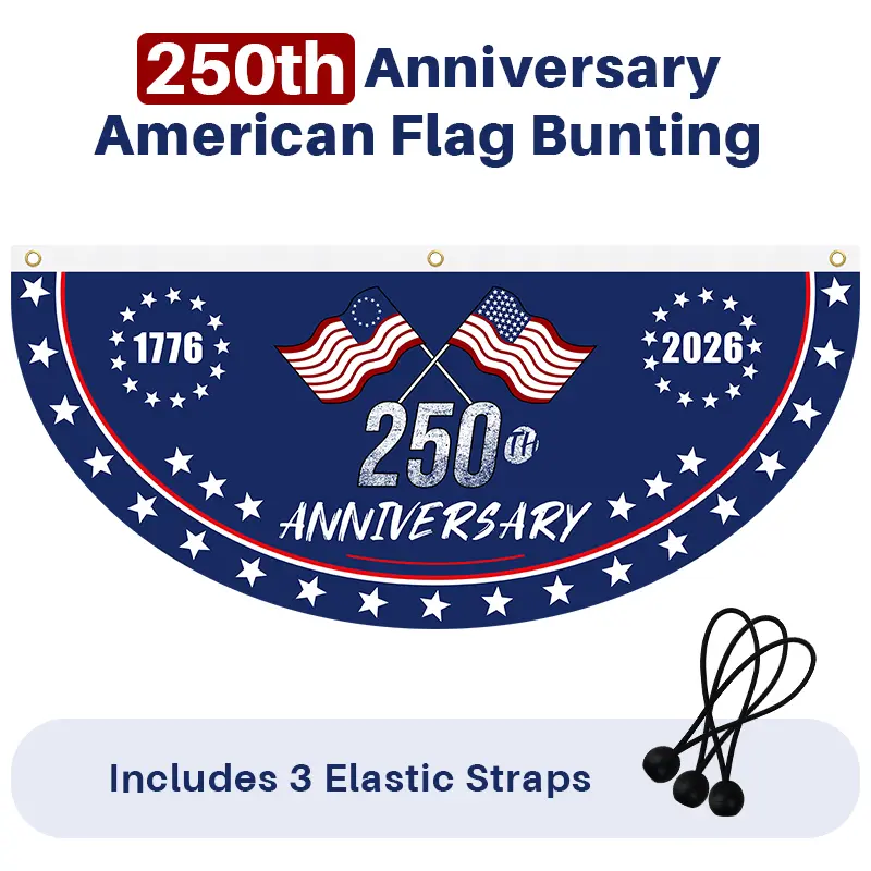 【Memorial Day】250th Anniversary American Flag Bunting, 1776-2026 Patriotic Half Fan Banner, Weather Resistant Polyester Decor for Front Porch Fence, Includes 3 Elastic Straps No Extra Hardware Needed