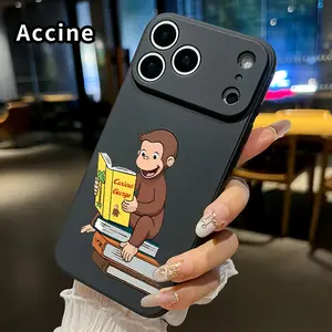 Monkey's Book Delight Pattern Straight Edge Phone Case for iPhone 17 15 16 14 Pro Max 13 12 11 XR XS Plus Air E Shockproof Drop Protection Rugged Durable Liquid Silicone Cover Cellphone Protective
