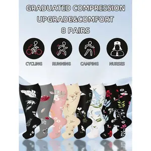 Eight Pairs Of Plus-Size Nylon Compression Stockings, Comfortable And Form-Fitting, Suitable For Women And Men With Wide Calves, Ideal For Sports, Running, Fitness, And Cycling.