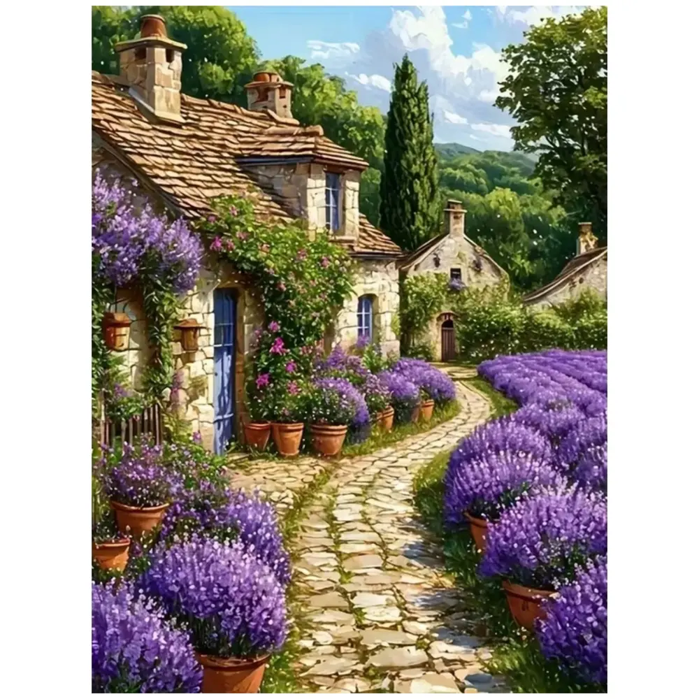 Provence Lavender Stone House Path Art Painting Diamond Painting 5D DIY Diamond Painting Kit Full Drill Square Round Diamonds Embroidery, Flower Embroidery, Cross Stitch Art Craft Home Wall Decor Art Gift Home Decorative Painting Set